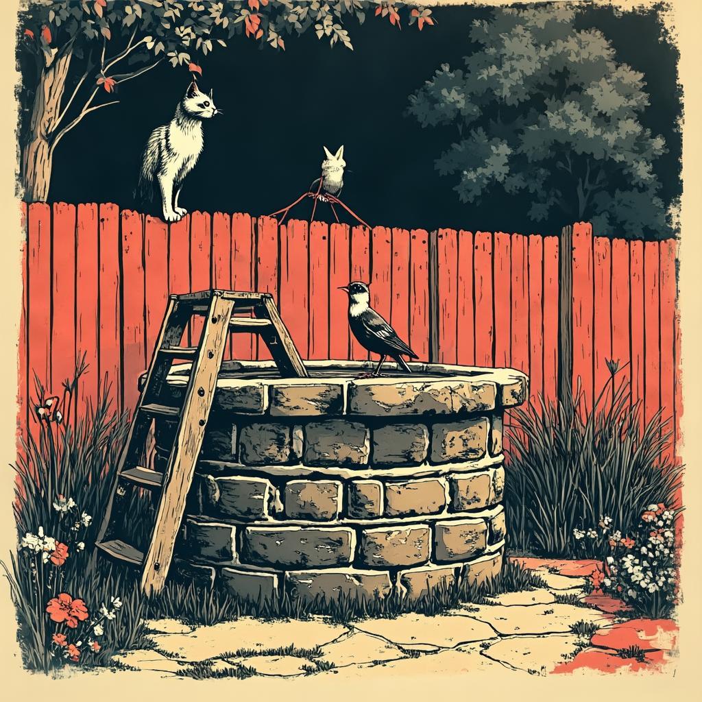 Risograph interpretation: A man sits in a well and everything means something.